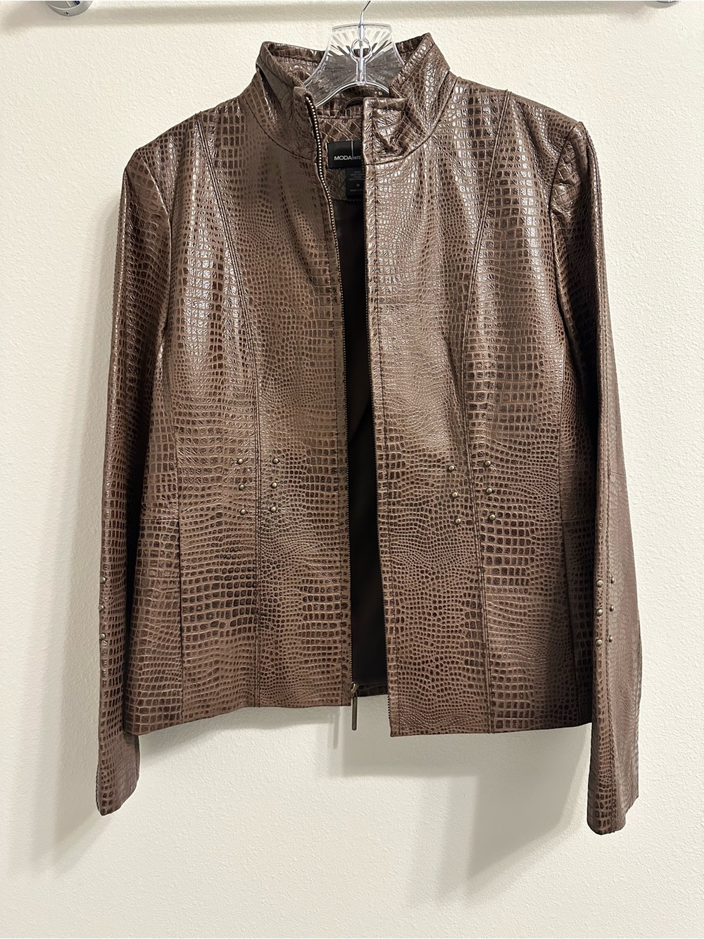 Moda International Brown Faux-Croc Embossed Leather Jacket size M